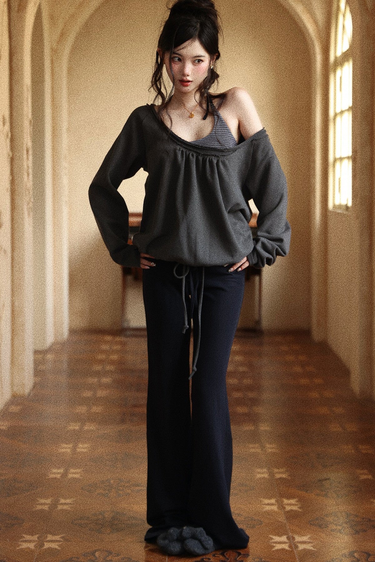 High-Waisted Drawstring Draped Knit Flared Pants