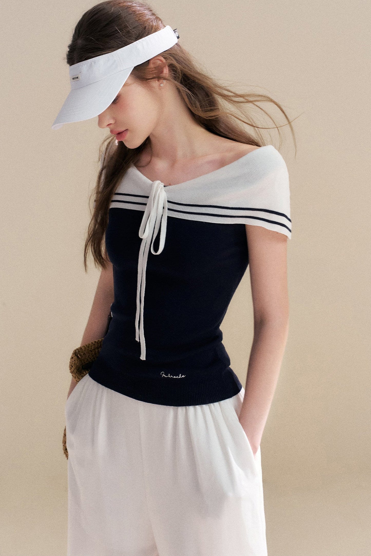 Navy Lyocell Off-Shoulder Knit Top