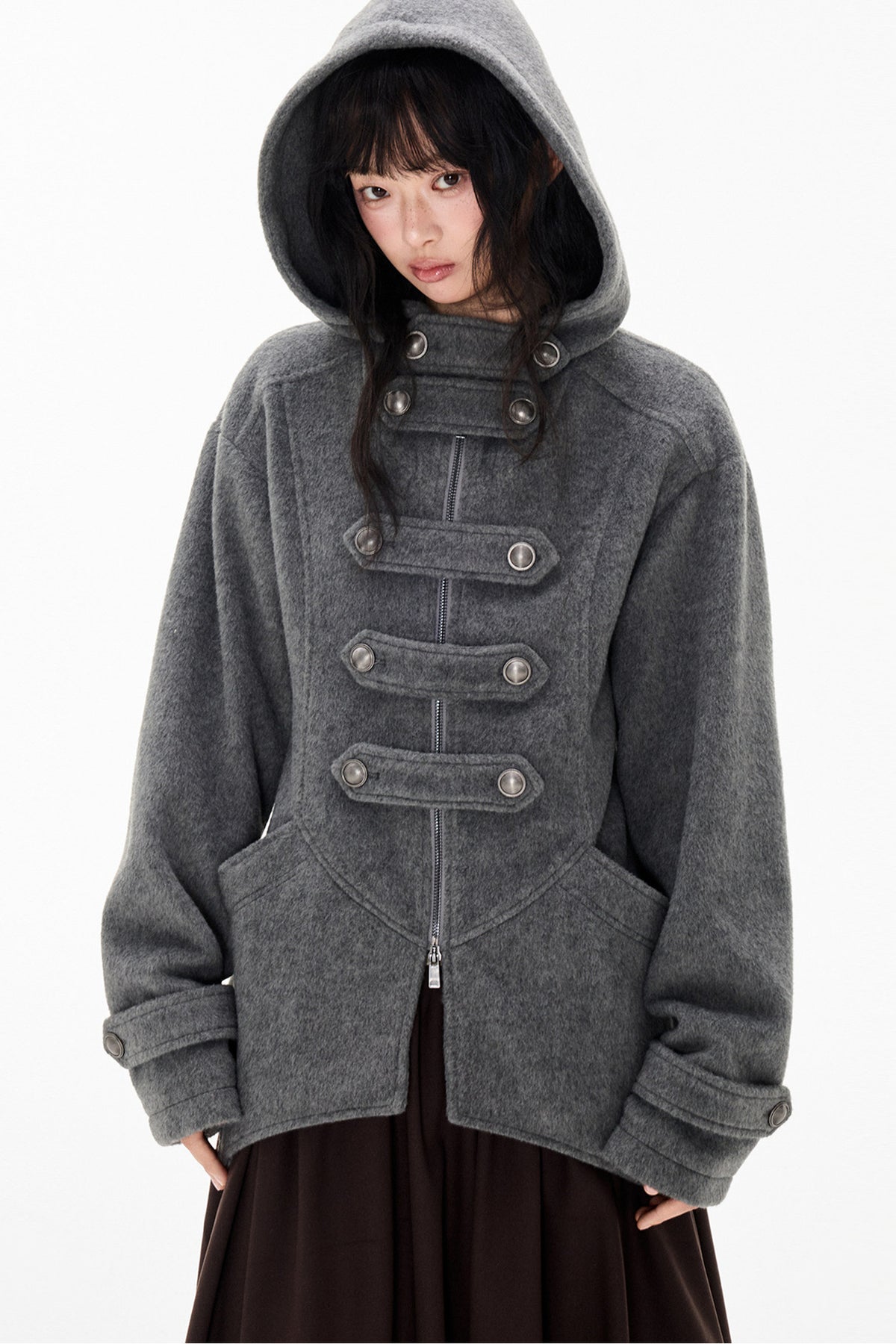 Woolen Hooded Irregular Hem Jacket