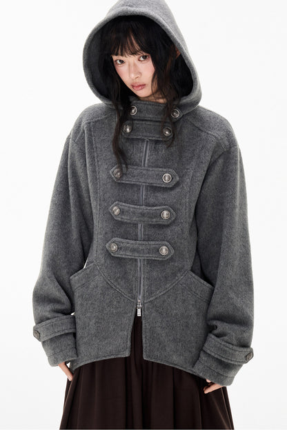 Woolen Hooded Irregular Hem Jacket