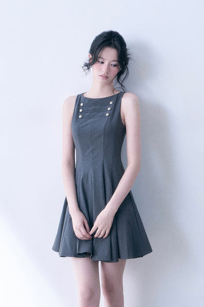 Decorative Button Sleeveless Flared Dress