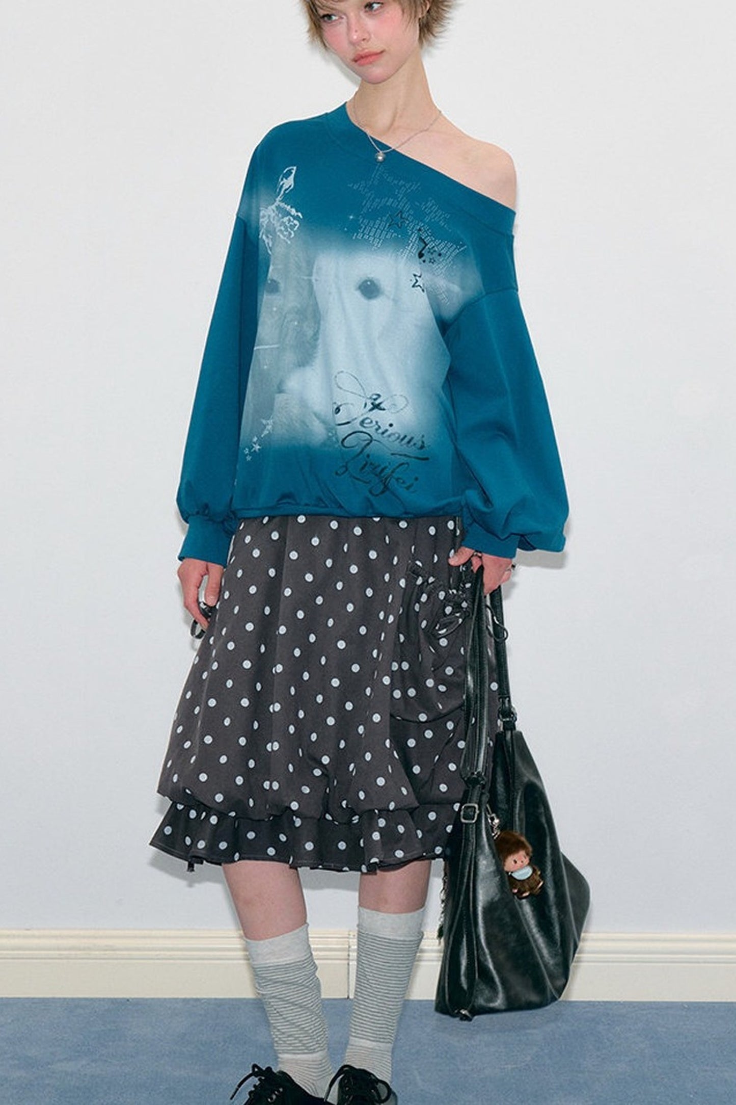Rabbit Print Lantern Sleeve Off-Shoulder Sweatshirt