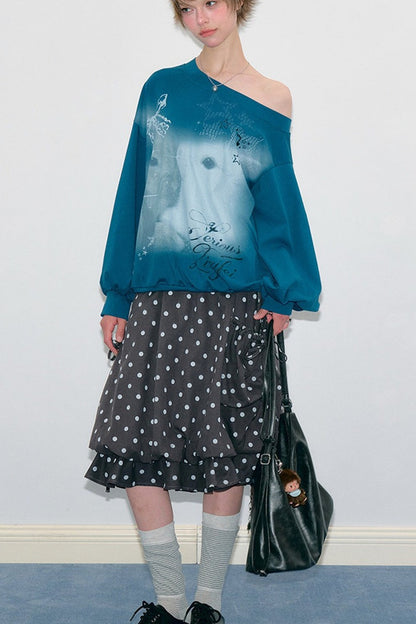 Rabbit Print Lantern Sleeve Off-Shoulder Sweatshirt