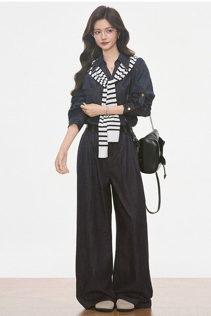 Set aus Jeansoptik-Hemd, weiter Hose und Jacke