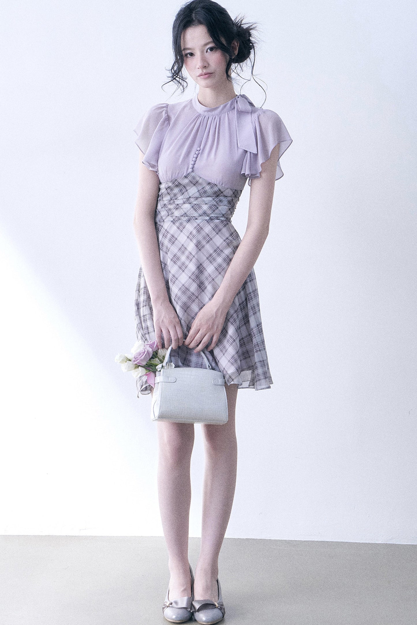 Lavender Plaid Flutter Dress