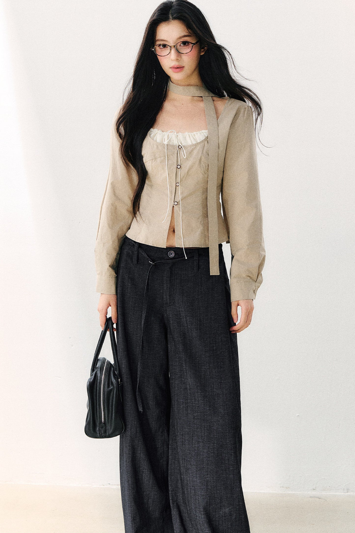 Halter Neck Ribbon Patchwork Long Sleeve Top
