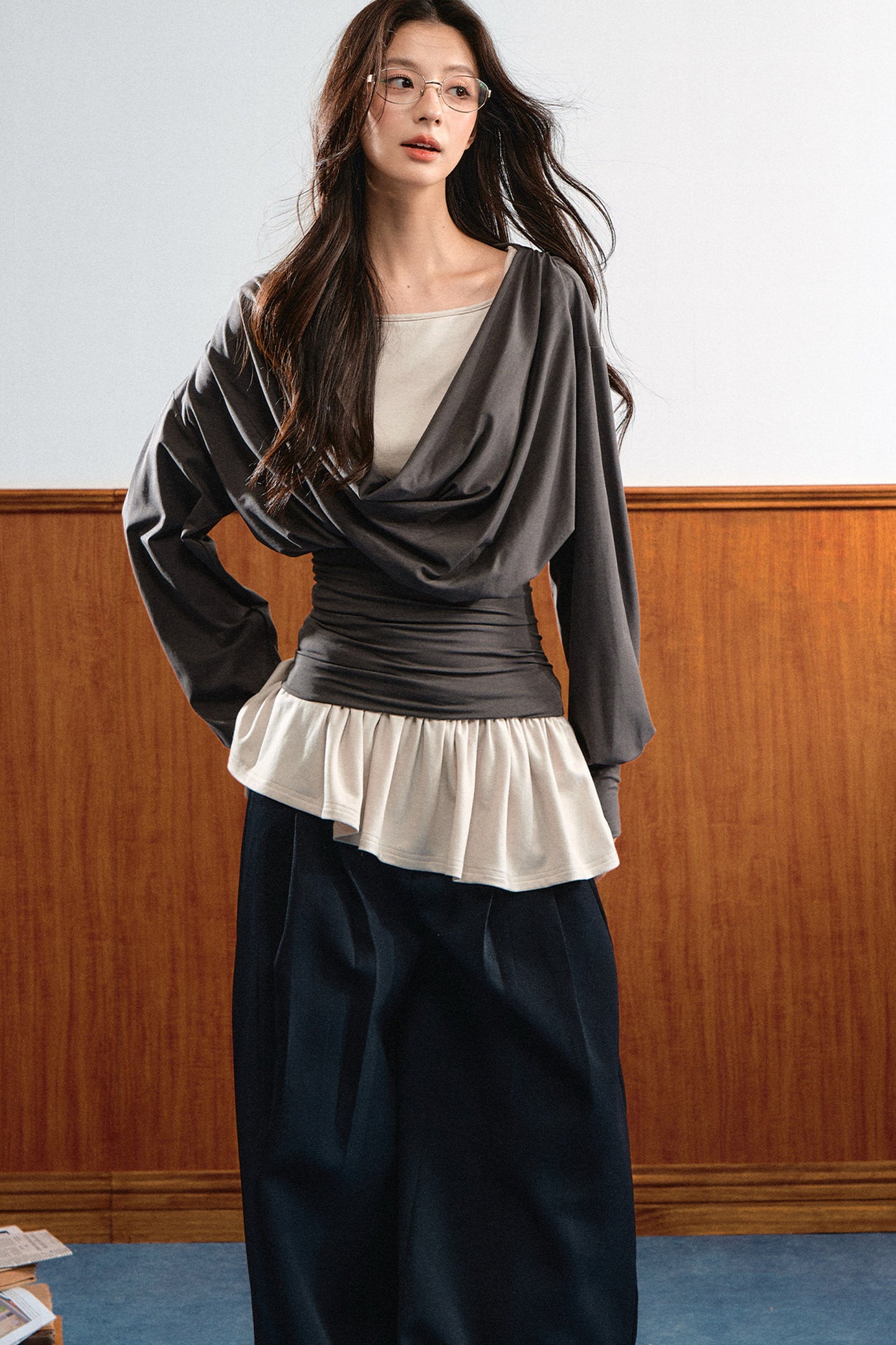 Draped Ruched Blouse and Inner Top Set-Up