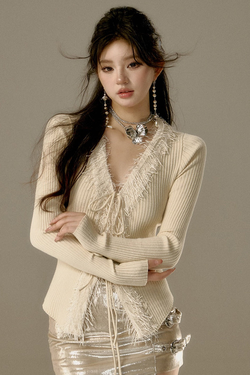 V-Neck Tassel Knit Cardigan Sweater