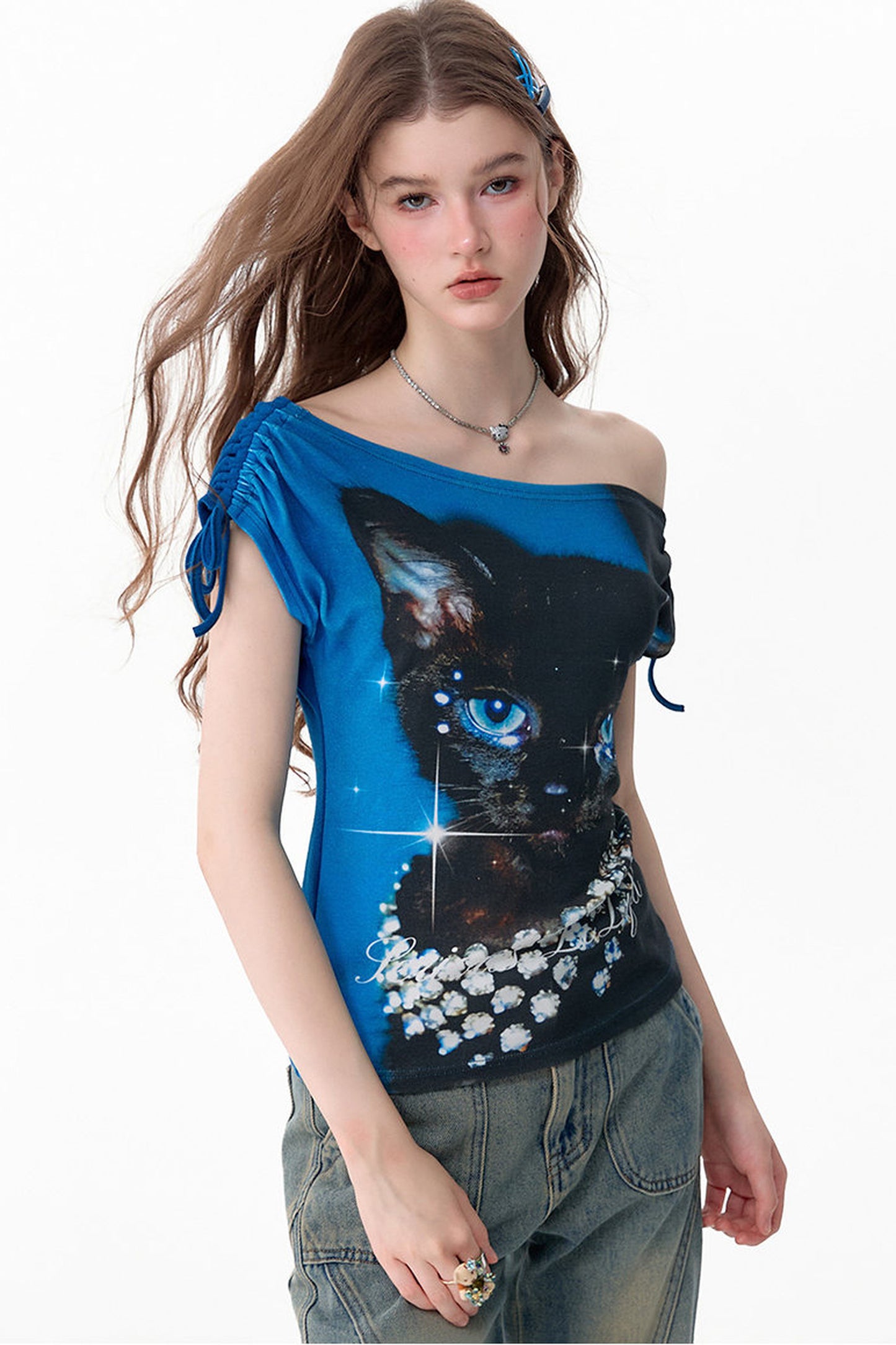 Maglia monospalla estiva con stampa gatto