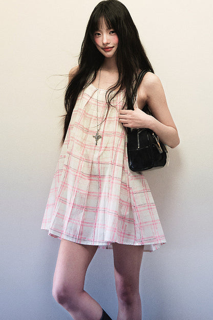 Pink Plaid Pleated Dress