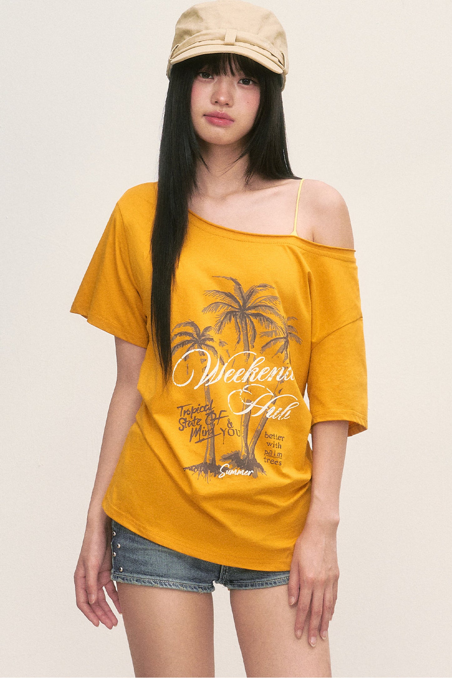Palm Tree Graphic Off-Shoulder Lace-Up T-Shirt