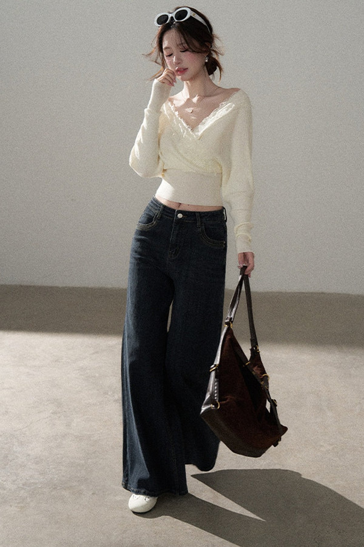 V-Neck Hollow Knit Top and Jeans Set-Up