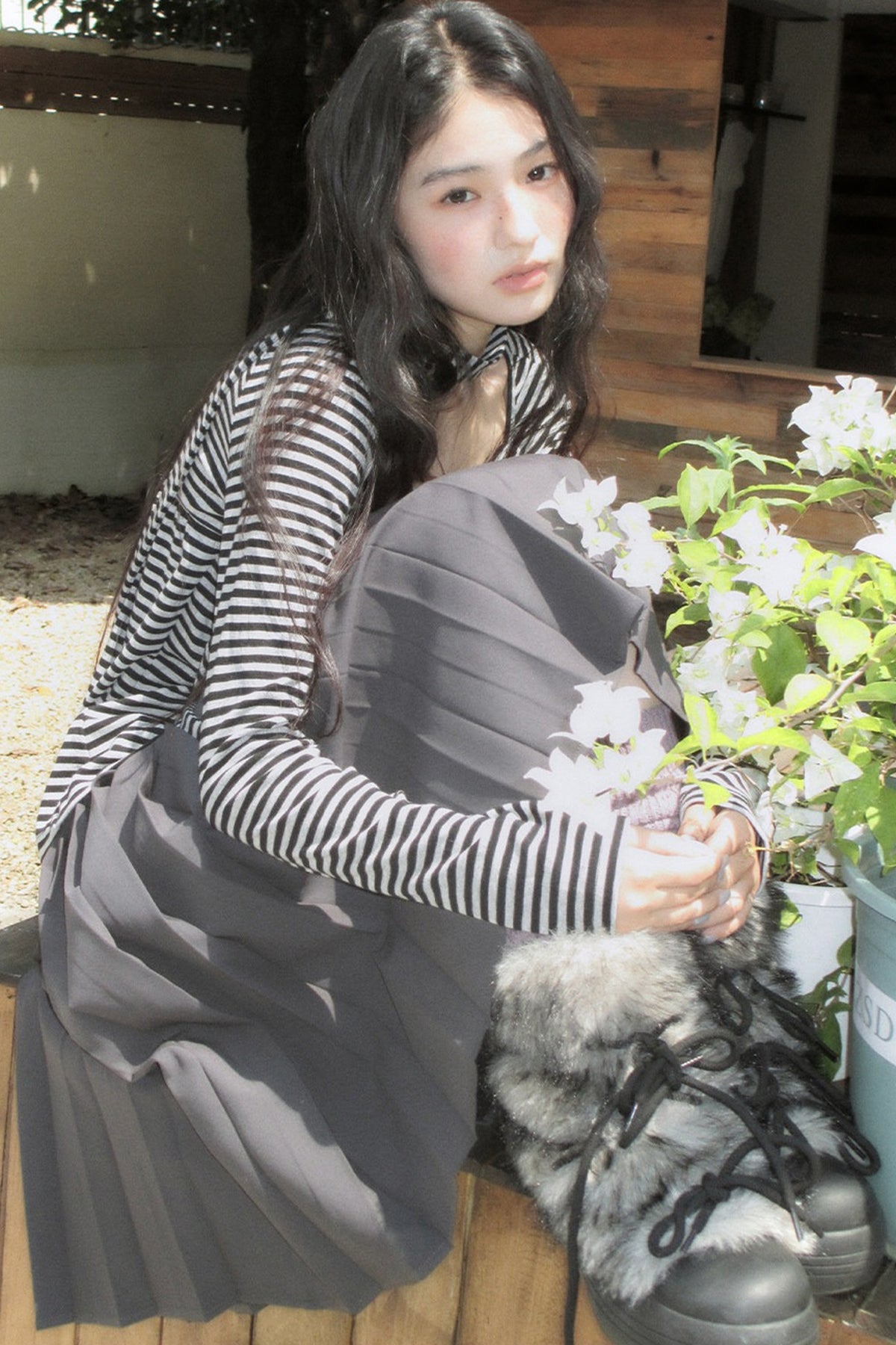 Striped Long-Sleeved Ribbon Bow T-shirt