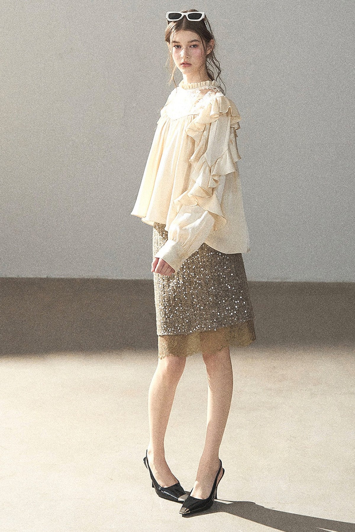 Ruffled Lace Patchwork Textured Chiffon Blouse