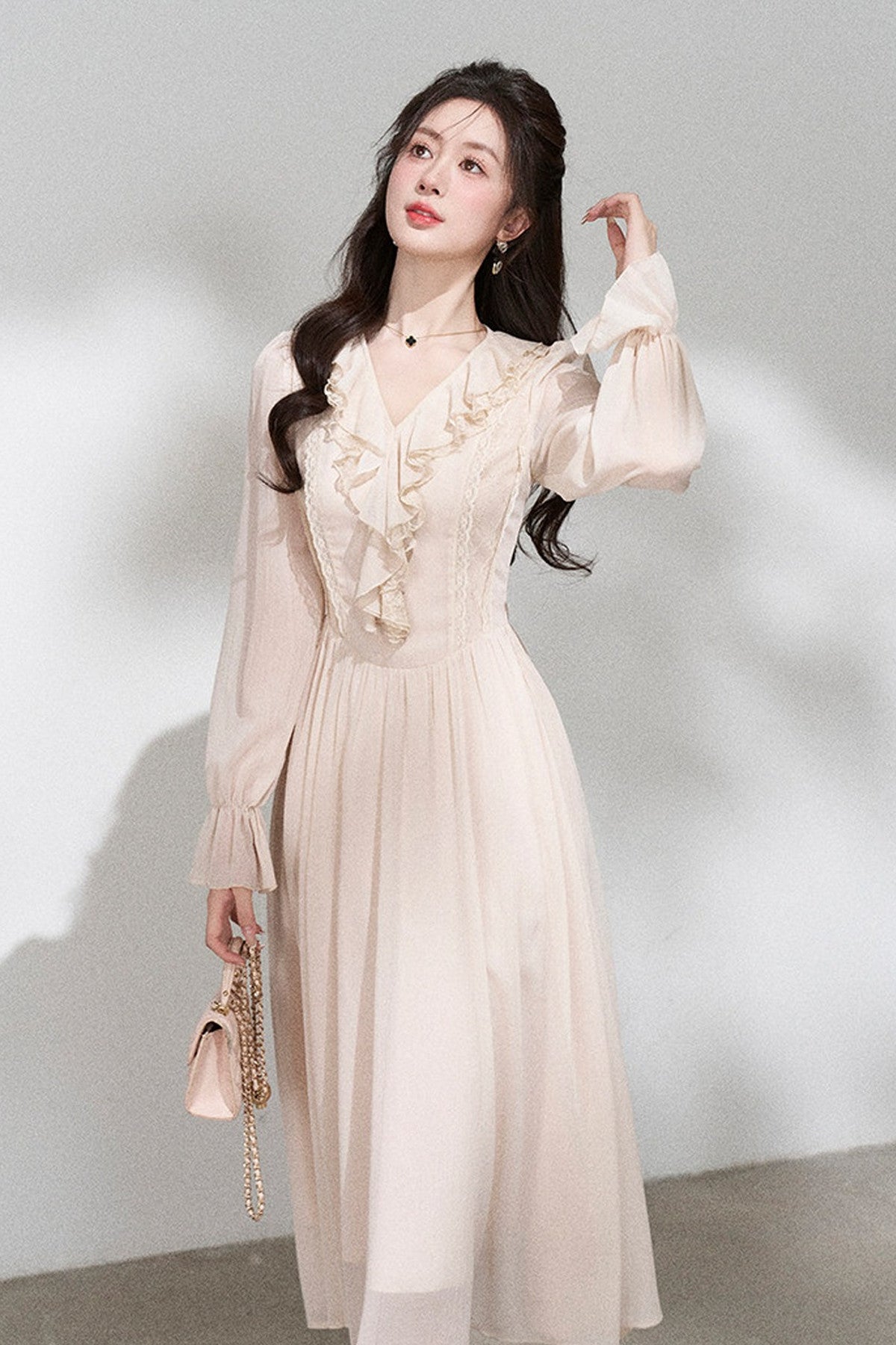 Ruffled V-Neck Long Dress