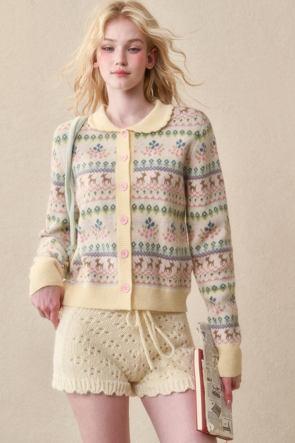 Reindeer Fair Isle Doll Collar Short Cardigan