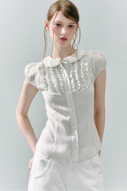 White Acetate Linen Ruffle Blouse