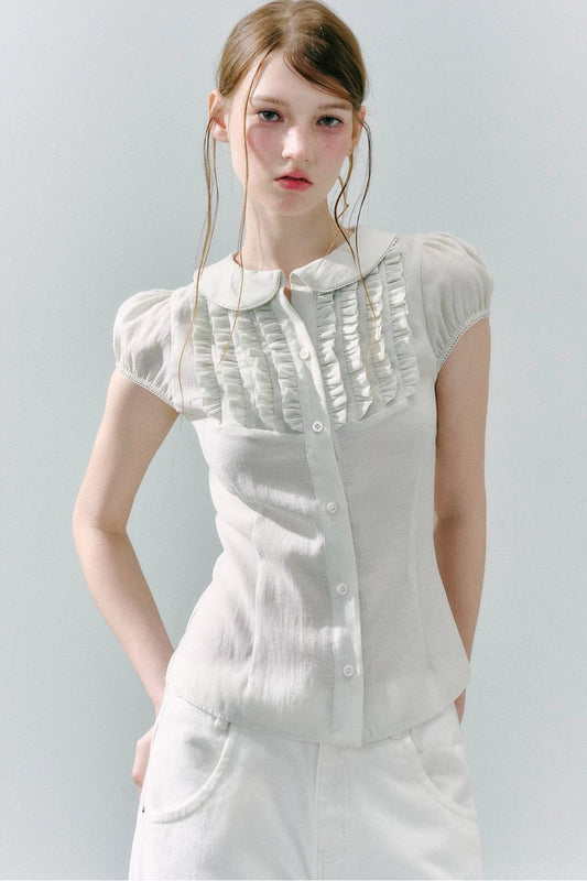 White Acetate Linen Ruffle Blouse