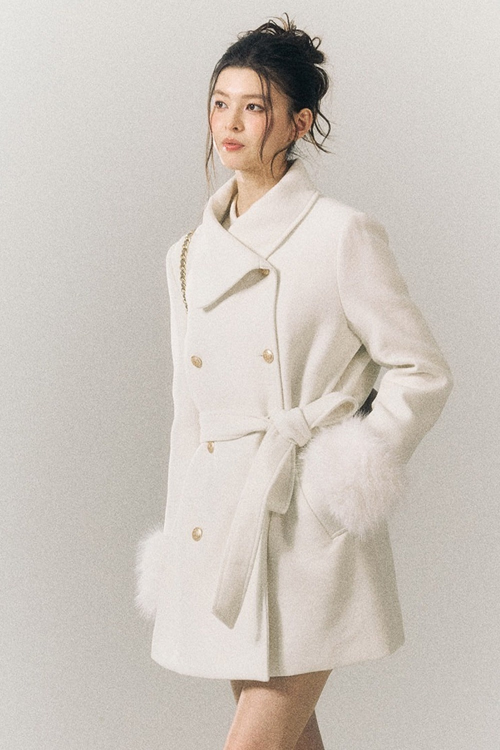 White Wool Detachable Fur Sleeve Coat