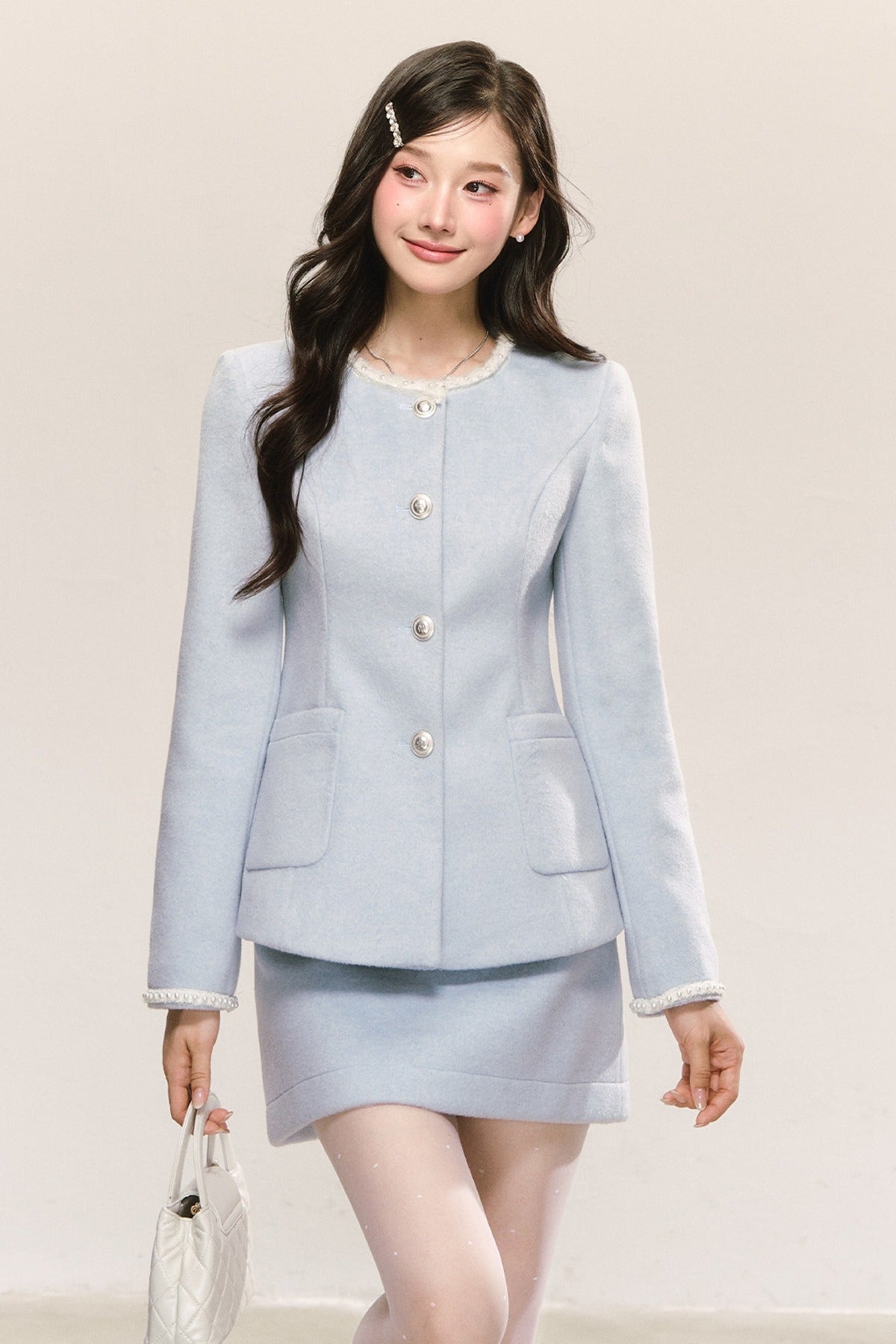Pearl Round Neck Woolen Coat and Skirt Set-Up
