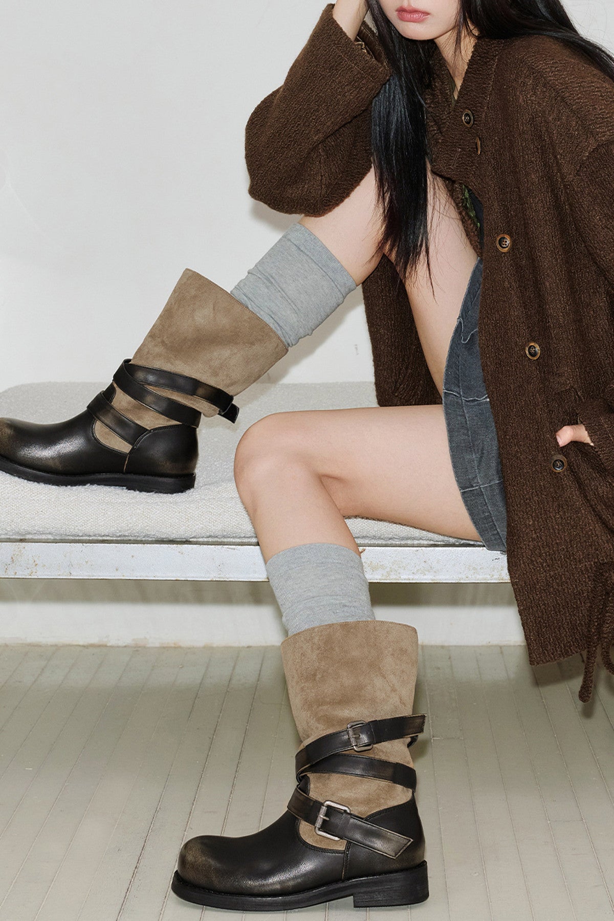 Patchwork Pleated Mid-Calf Riding Boots