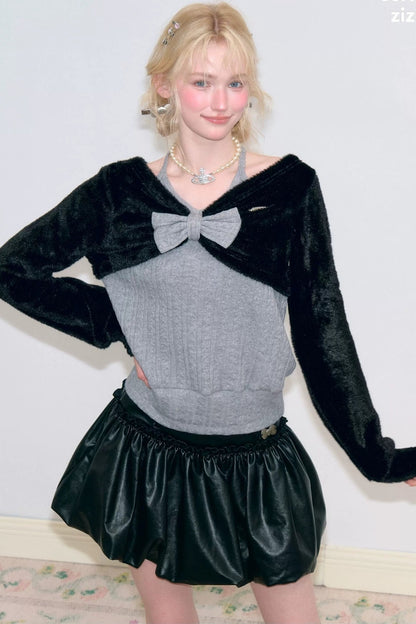 Gray Halter Bow Knit Sweater