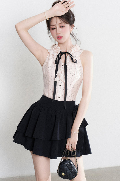 Pink Polka Dot Halter Neck Tencel Shirt and Skirt Set