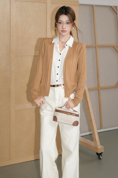 Khaki Layered-Look Cardigan and White Flared Jeans Set-Up
