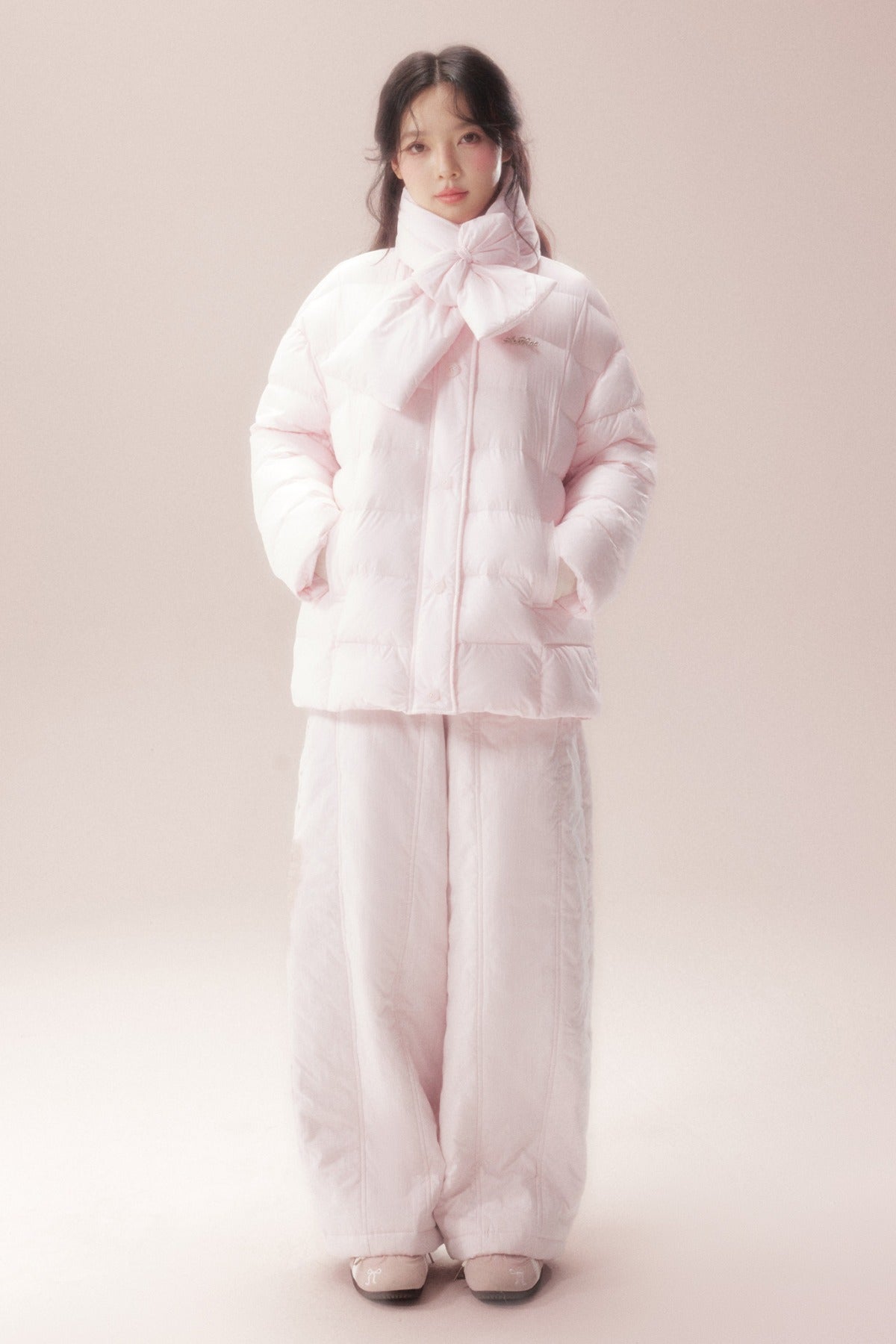 Bow-Knot Scarf Mid-Length Down Jacket