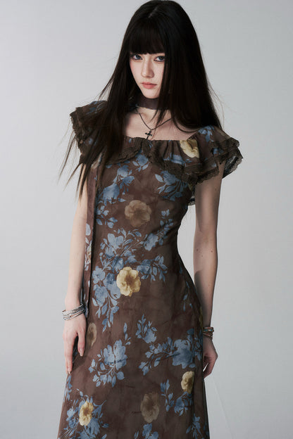 Robe une épaule à motif floral café