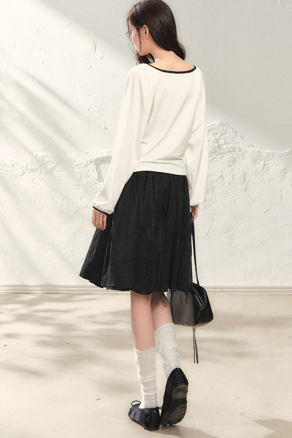 White Off-Shoulder Long Sleeve Top and Polka Skirt Set-Up