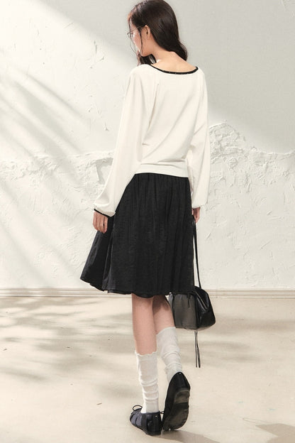White Off-Shoulder Long Sleeve Top and Polka Skirt Set-Up