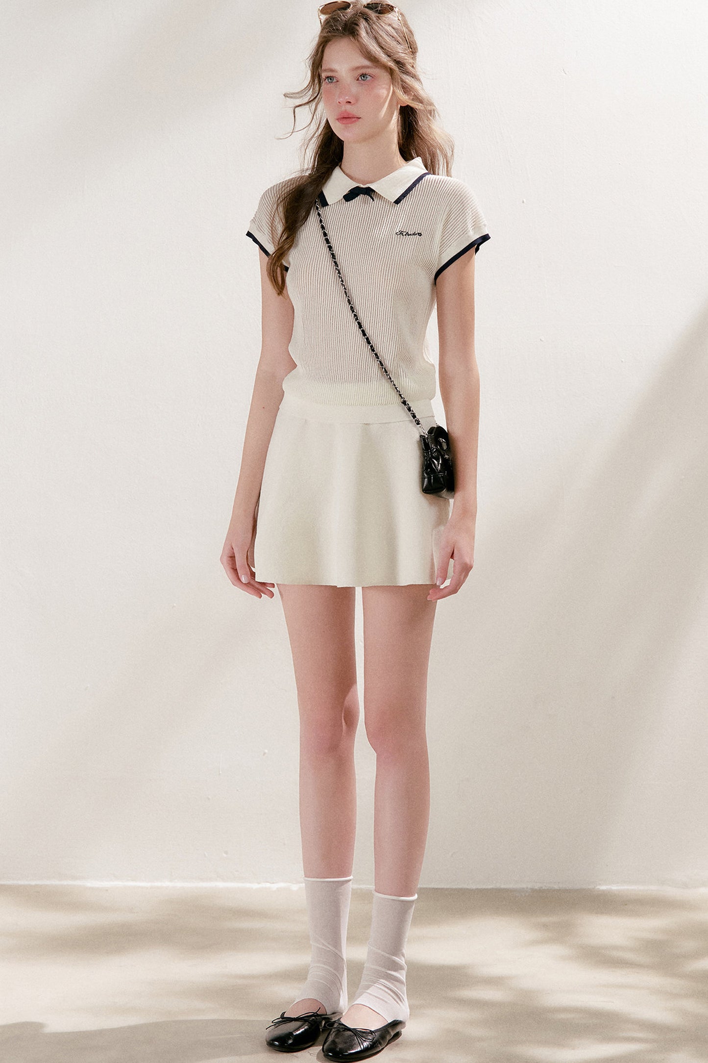Knit Polo Top With Bow and A-Line Skirt Set