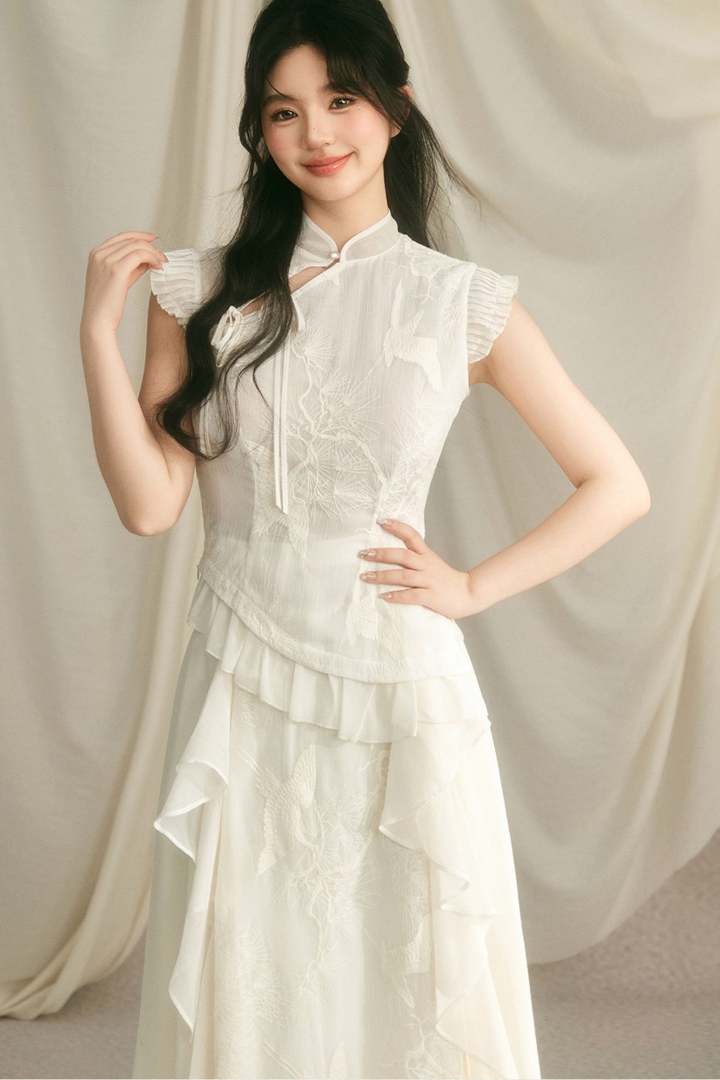Embroidered Cheongsam Top and Ruffled Skirt Set-Up
