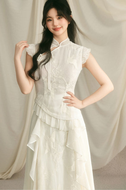 Embroidered Cheongsam Top and Ruffled Skirt Set-Up