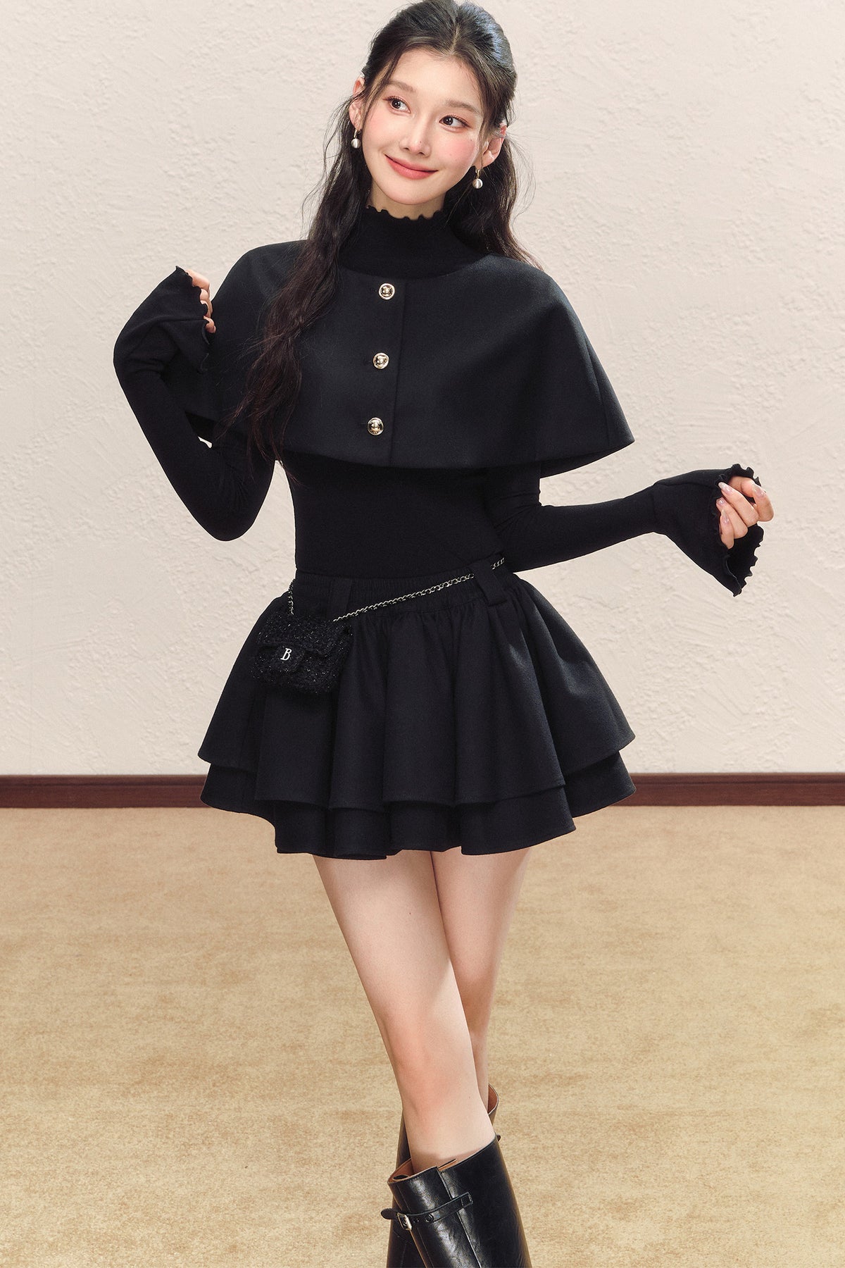 Black Long-Sleeve Base Shirt and Knitted Skirt Set-Up