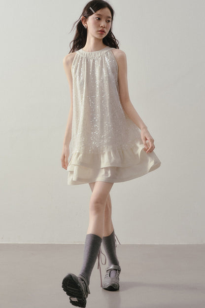 Sequin Halter A-Line Ruffle Short Dress