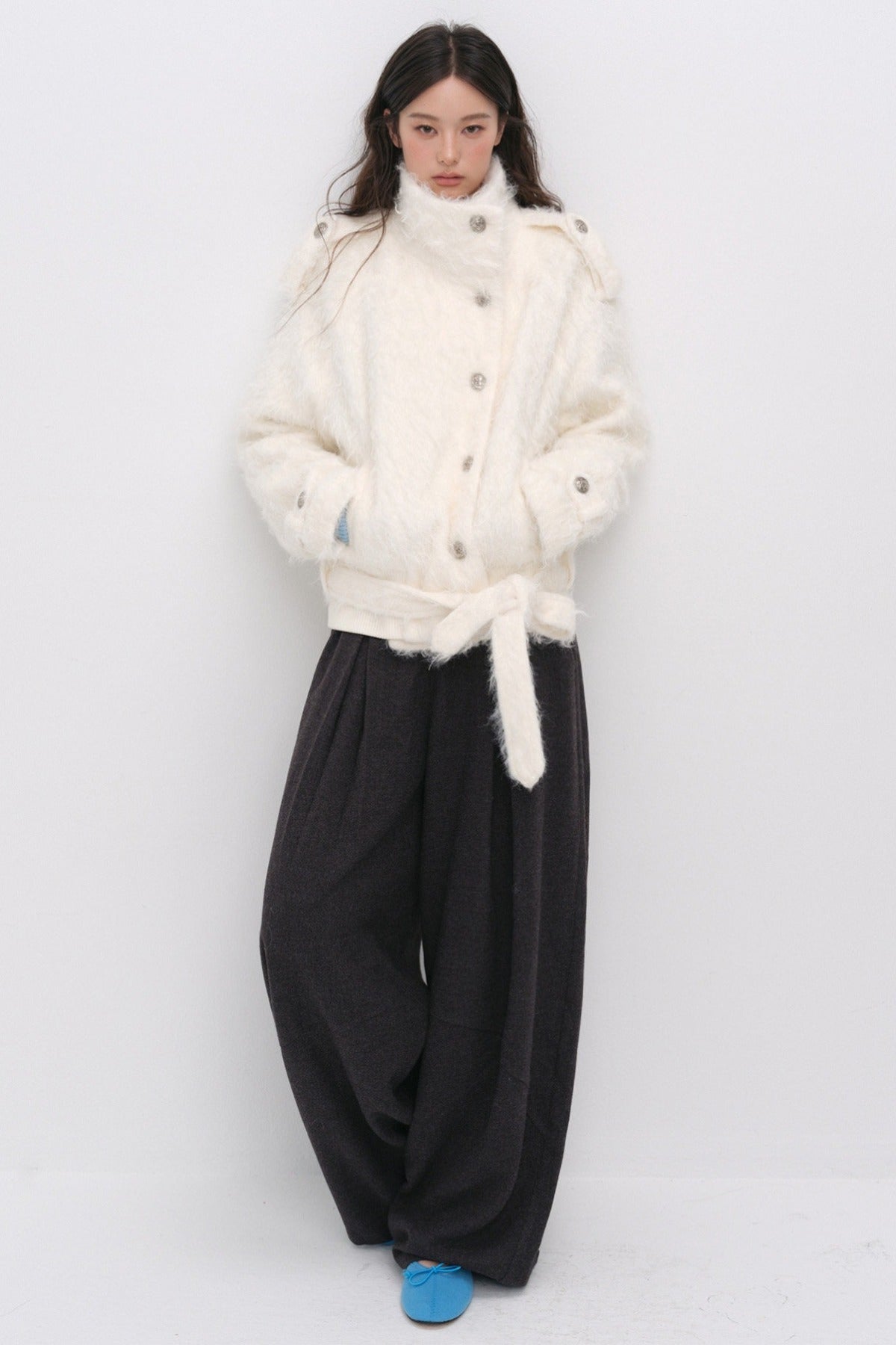 Faux Fur Diagonal Placket Tie Waist Jacket