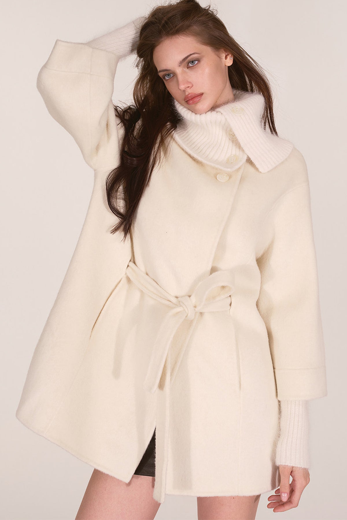 Asymmetrical Knit Collar Tie-Up Wool Coat