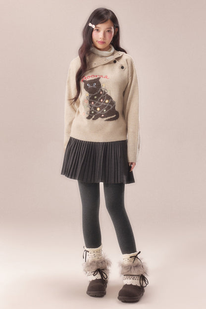 Diagonal Placket Cat Knit Pullover