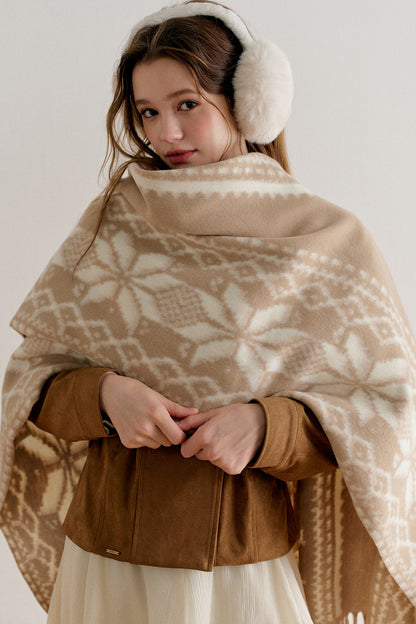 Khaki Fair Isle Jacquard Long Tassel Cape