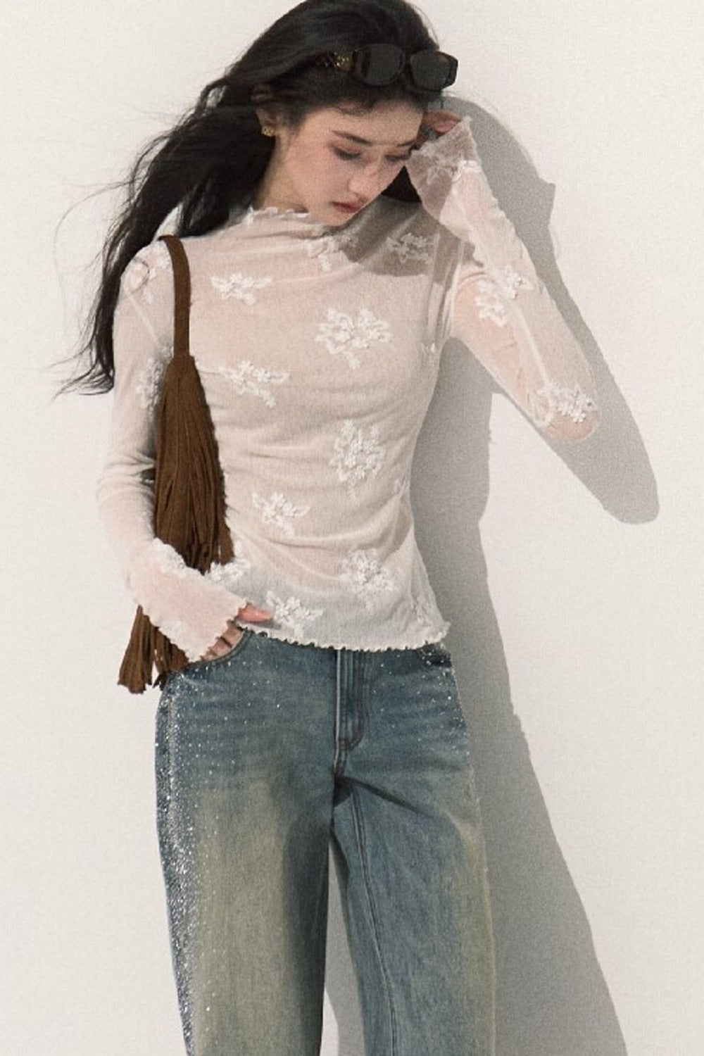 Textured Lace Jacquard Half-High Collar Top