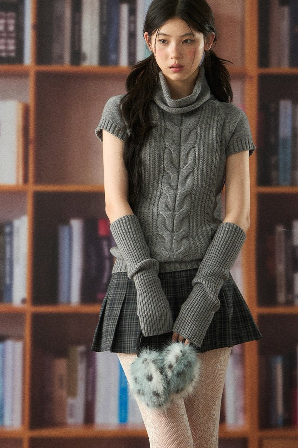 Turtleneck Cable Knit Top and Skirt Set-Up