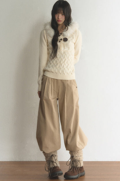 Large Fur Collar Toggle Hood Knit Top and Pants