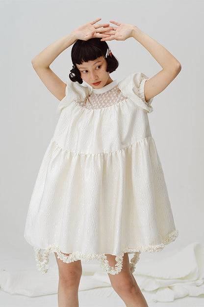 Lace Patchwork Puff Sleeve A-Line Dress