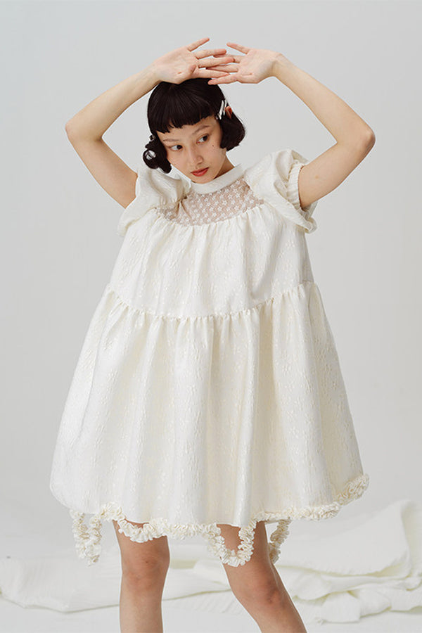 Lace Patchwork Puff Sleeve A-Line Dress