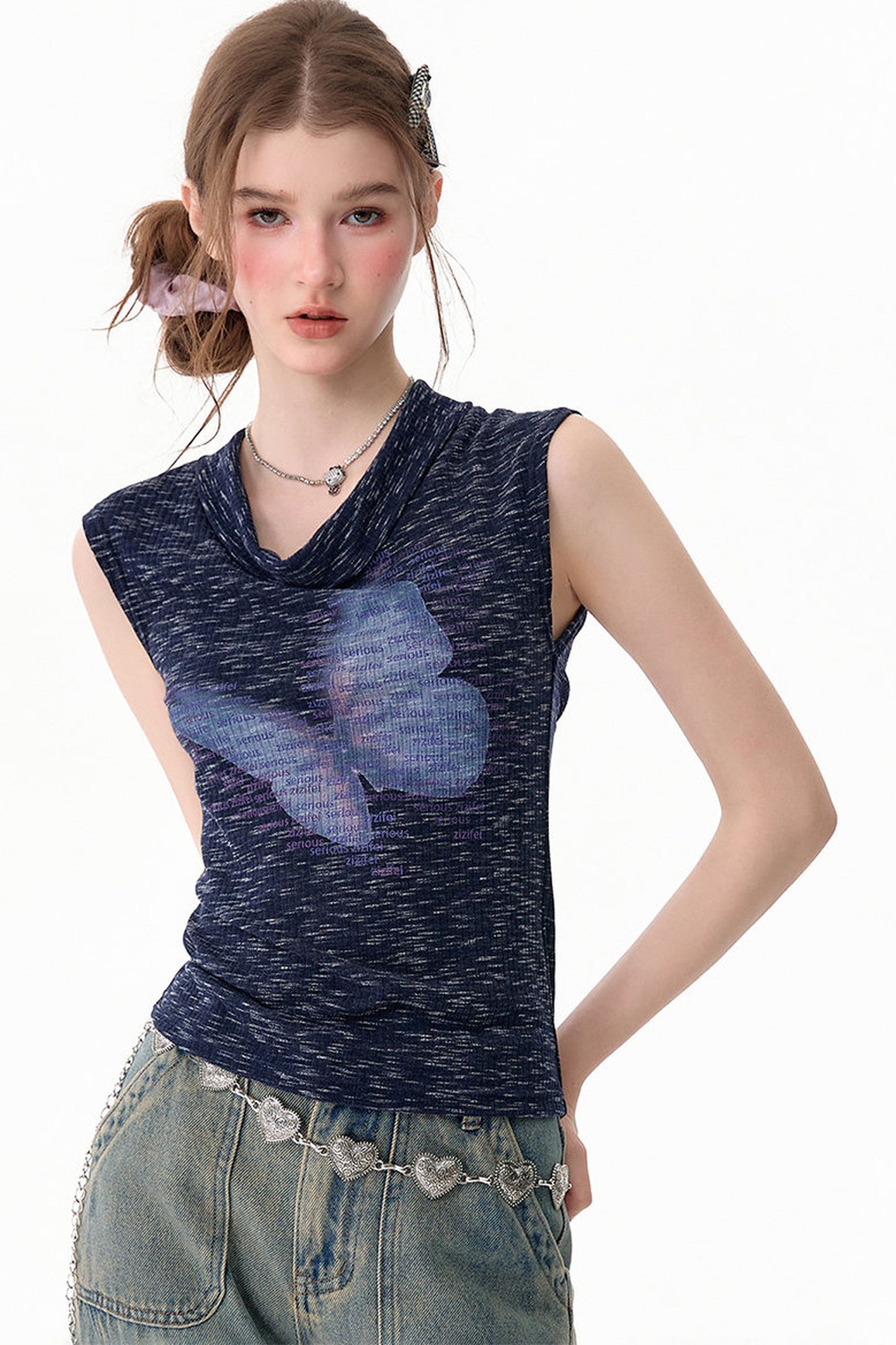 Navy Blue Butterfly Flutter Collar Tank Top