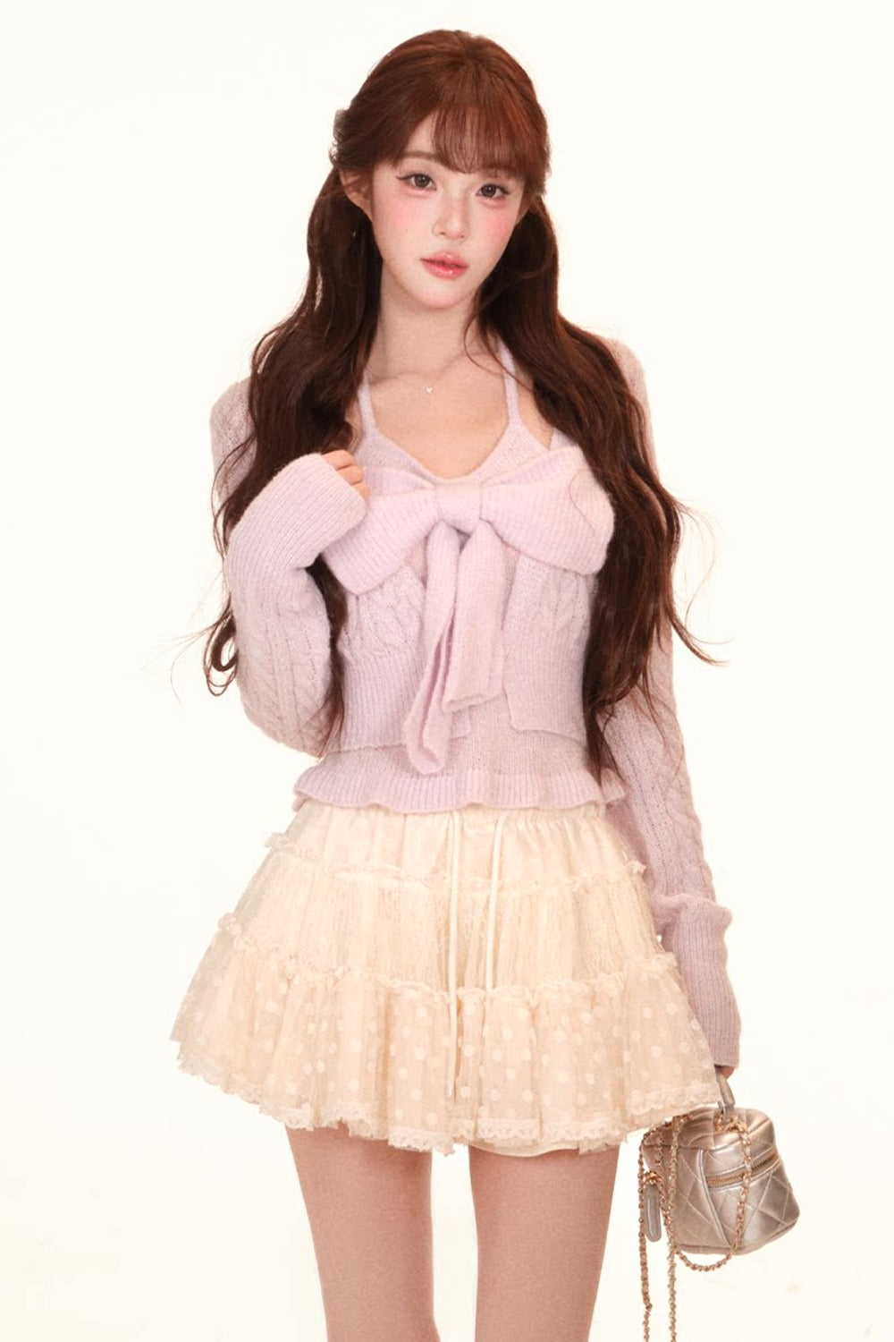 Two-In-One Bow Sweater and Polka Dot Lace Puff Skirt Set-Up
