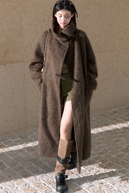 Brushed Cashmere Silk Funnel Collar Coat