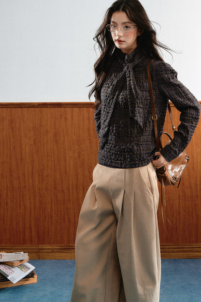 Plaid Cable-Knit Knit Shirt Top
